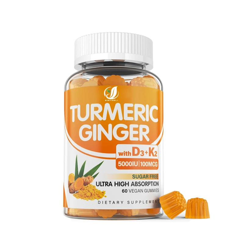 

Жевательные конфеты без сахара с куркумой и имбирем (1500 мг), содержащие витамин D3 (5000 МЕ) и K2, для поддержки иммунитета и пищеварения - вегетарианские.