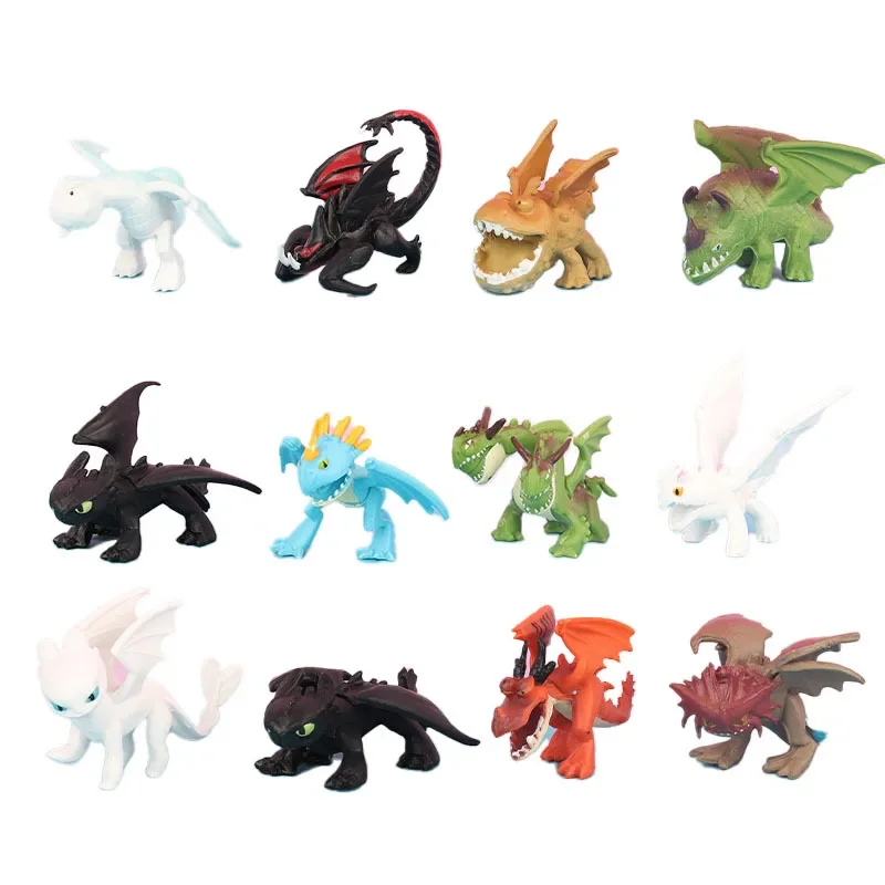 Juego de 12 juguetes de animales de dinosaurios blancos y negros Kawaii, modelo de 3-4cm, cómo entrenar a tu dragón, regalos hechos a mano para niños