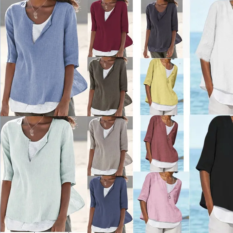 

New Women's Shirt V-neck Cotton-Line Blend Half-Sleeve Pullover Top Solid Color Simple Casual Basic Blouses for Female