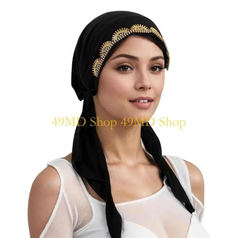 49MD Practical Scarf Polyester Headwear with Rhinestones Decoration Fashion Turban Head Wrap Comfortable Use