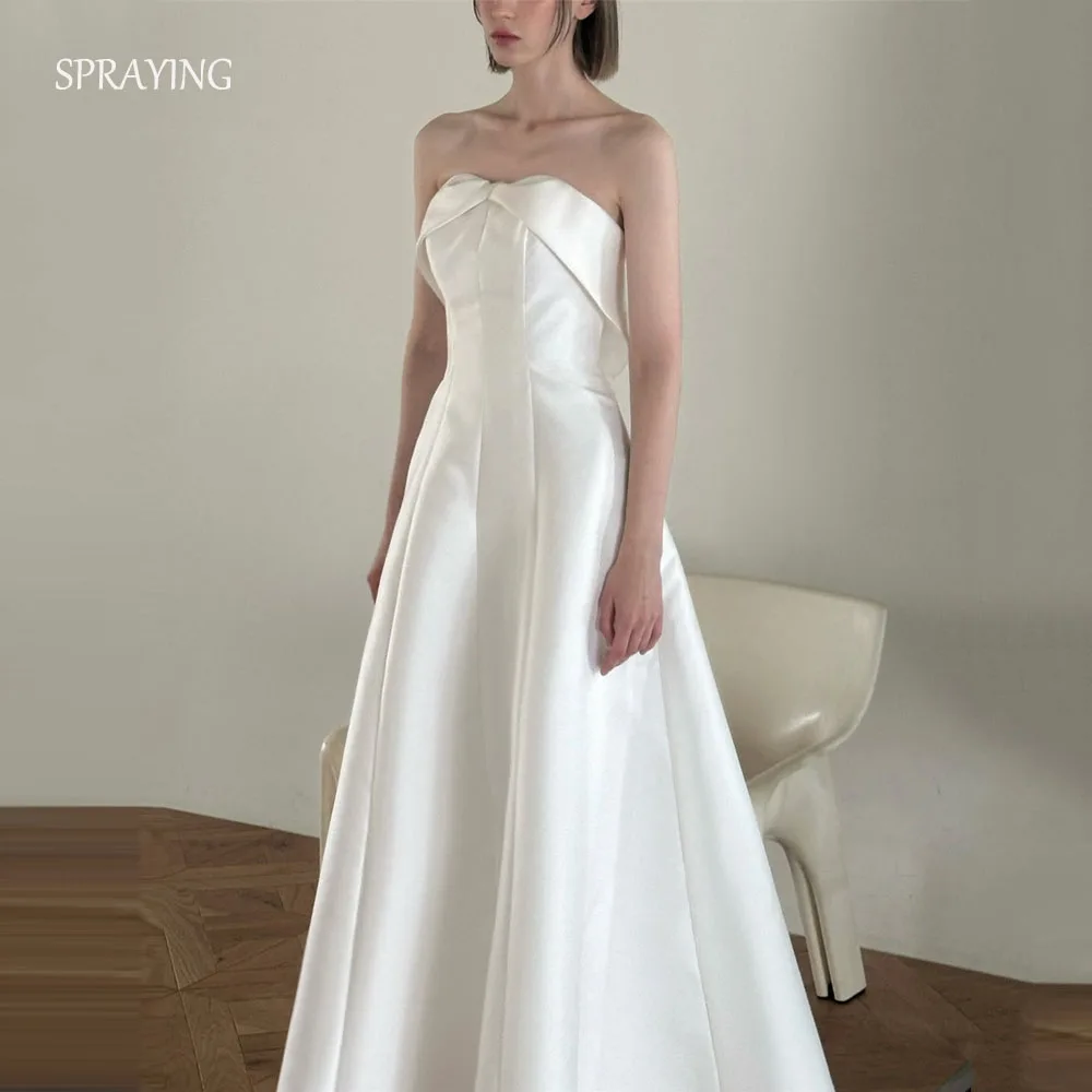 

SPRAYING Elegant Ivory Satin Wedding Dress Korea Photo Shoot Strapless A line Long Bridal Gowns Corset Customized 웨딩드레스