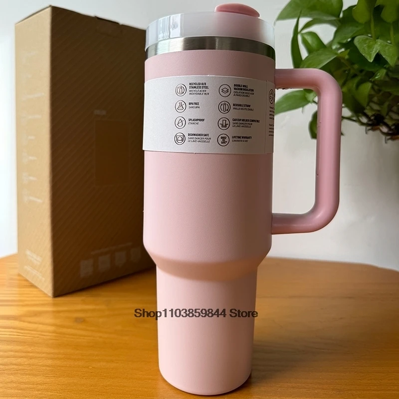 40 oz Tumbler with Handle Lid Straw H2.0 Stainless Steel Vacuum Insulated Thermos Cup Silicone Boot PINK for Stanleys