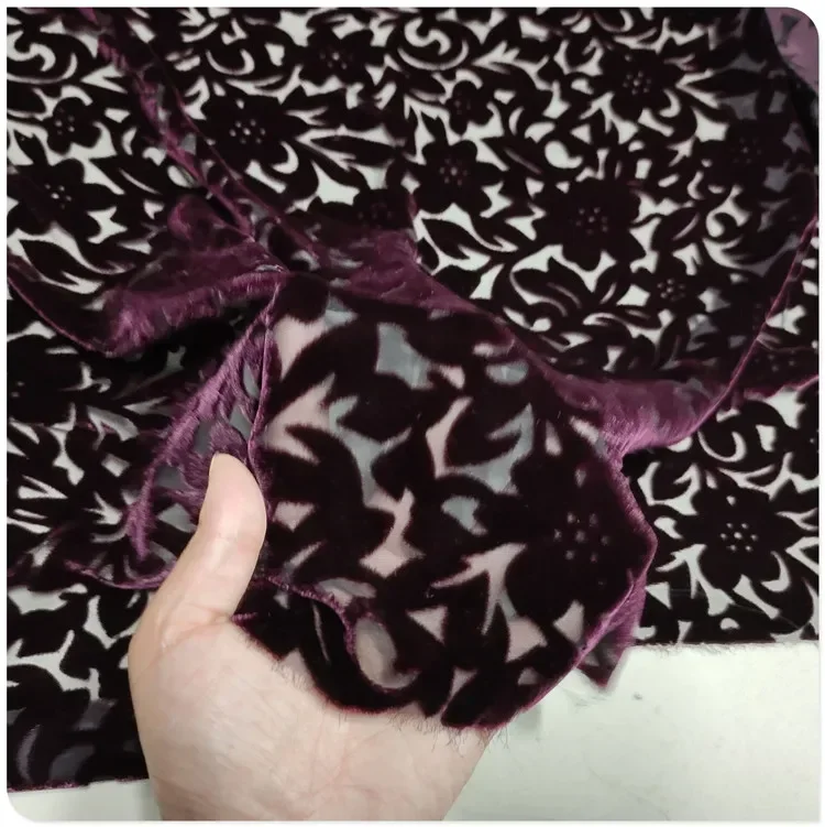 Burgundy Hollow Silk Velvet Mulberry Silk Base Cotton Velvet Fabric for Dresses, Qipao, Shirts, Short Sleeves, and Shawls