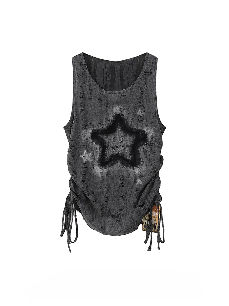 Hot Girl Functional Wasteland Style Star Embroidered Vests Women's Summer O-neck Sleeveless Ripped Hole Drawstring Tank Tops