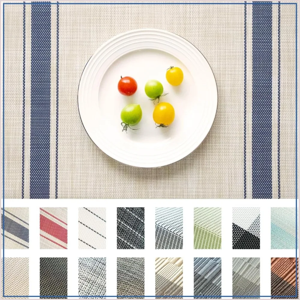 Woven Vinyl Placemats Set of 4, Washable & Heat-Resistant for Indoor/Outdoor Use, Khaki Blue
