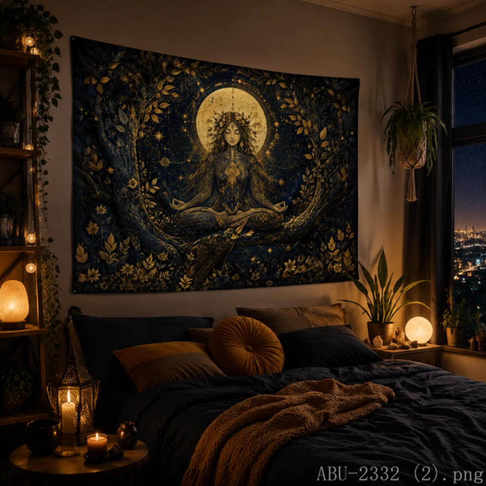 VIKAMA Mystical Space Meditation Tapestry Gold Galaxy Starry Wall Hanging Zen Home Decor