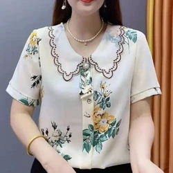 New Floral Short Sleeve Blouse Summer New Loose Printing All-match Patchwork Vintage Shirt Tops Fashion Casual Women Clothing