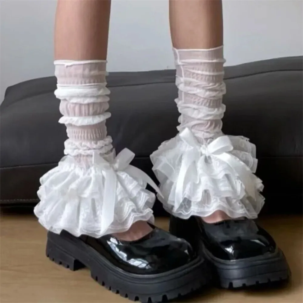 Bonito y2k polainas rendas arcos em camadas bota capa meias elásticas lolita renda meia feminina