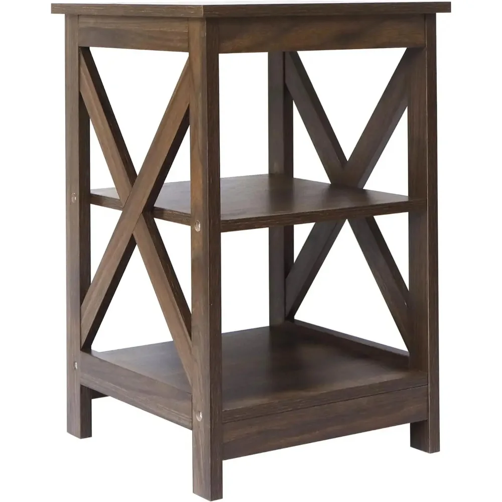 

Side Table, Modern Farmhouse Wood End Table with 3-Tier Storage, Dark Walnut