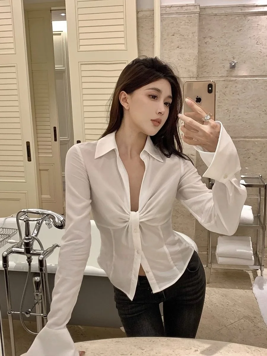 

Autumn Women's Slim Fit Sun Protection irt Pure Desire Design Unique High End Waist Cinching Top V Ne Long Sve Casual