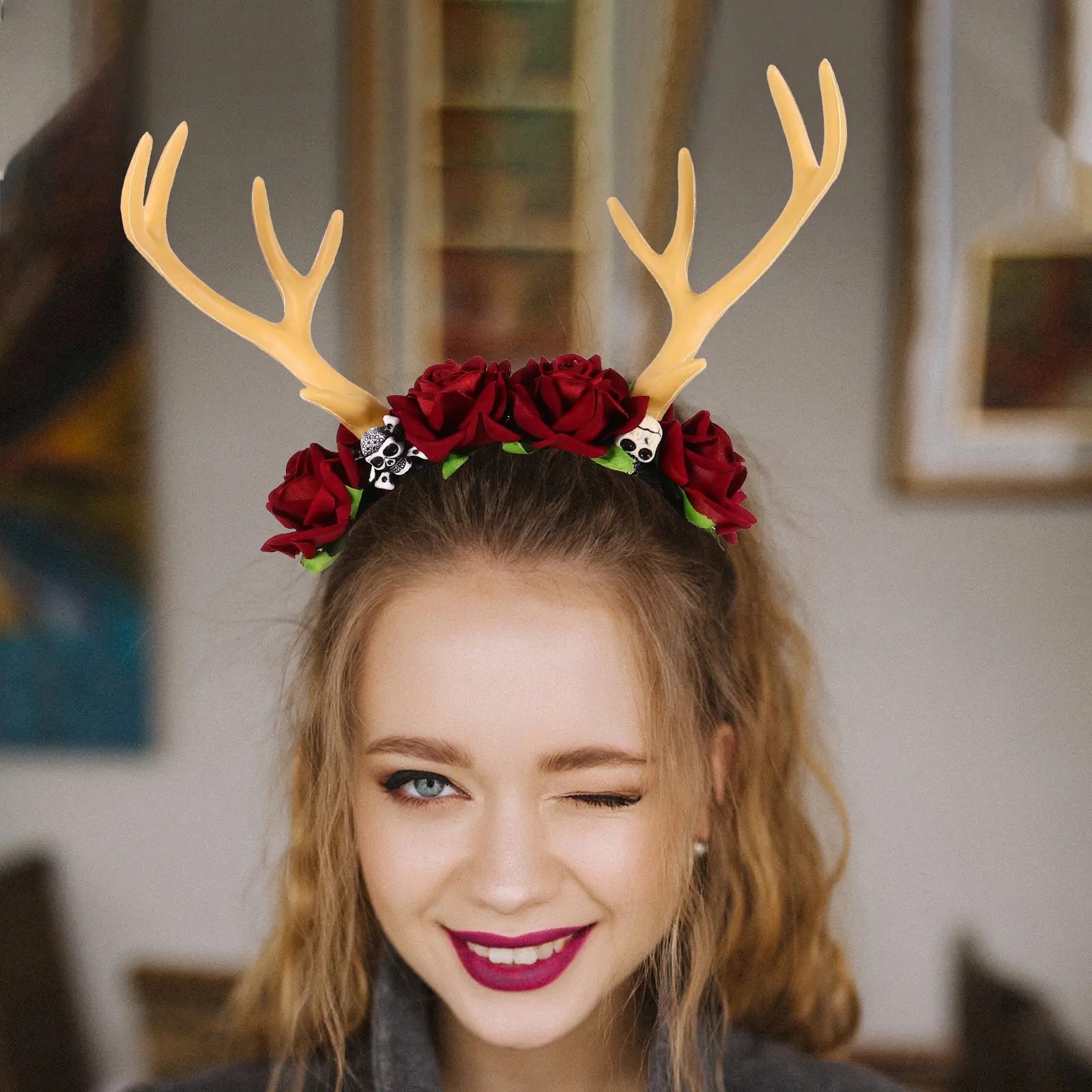 

Ободок для волос с оленьими рожками и цветами, легкий, удобный, для вечеринок, Хэллоуина, Рождества, косплея, фестивалей, аксессуар для волос