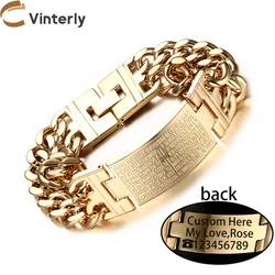 Vinterly Customized Cross Scripture Pattern ID Bracelets Male Stainless Steel Gold Color Metal ID Men Jewelry Personalized LOGO