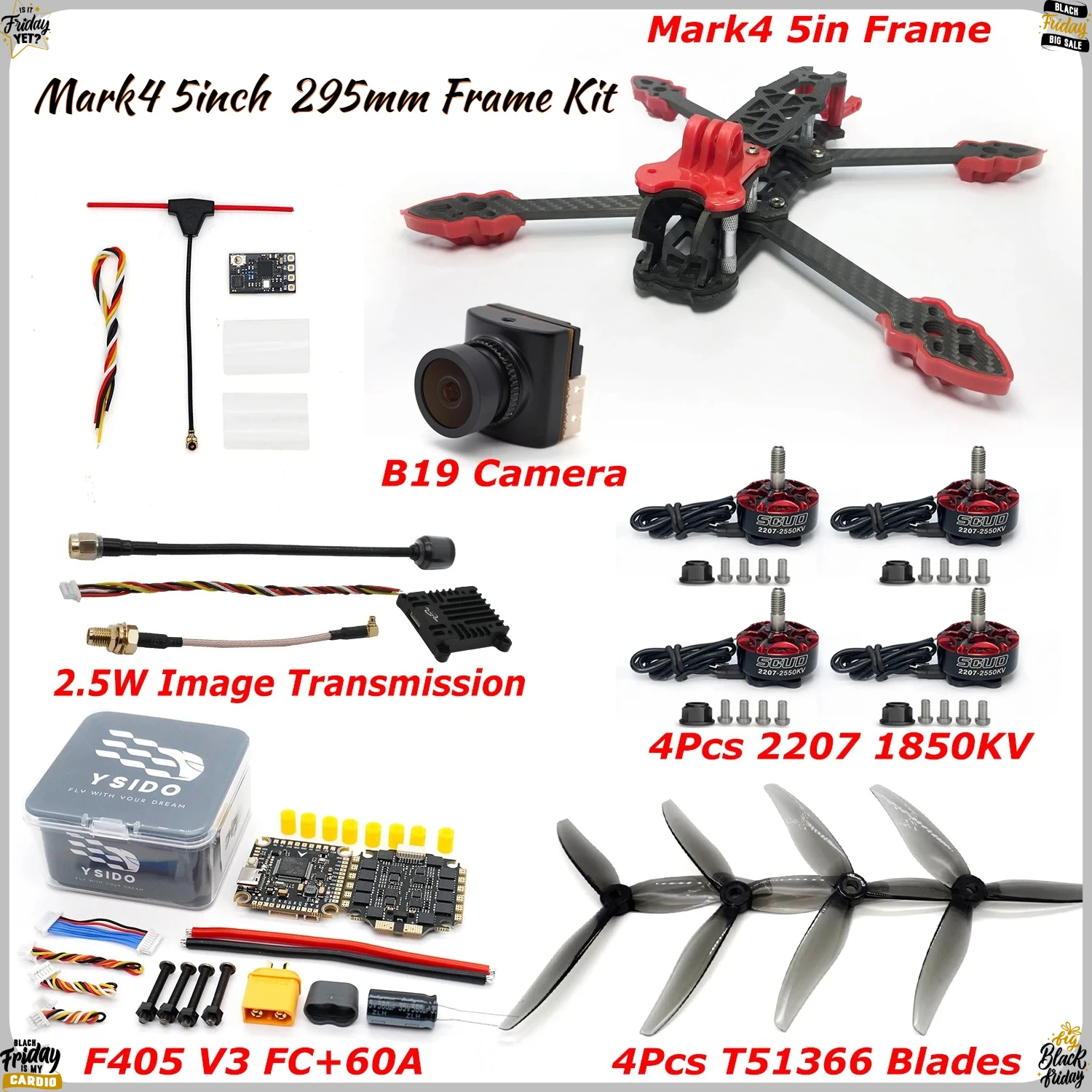 Y ​ SIDO Mark4 5-Zoll RC FPV Drohne 295mm Rahmenkit 2207 1850KV Bürstenloser Motor FC F405 V3 4-in-1 60A ESC Stack B19 Kamera 2,5W VTX