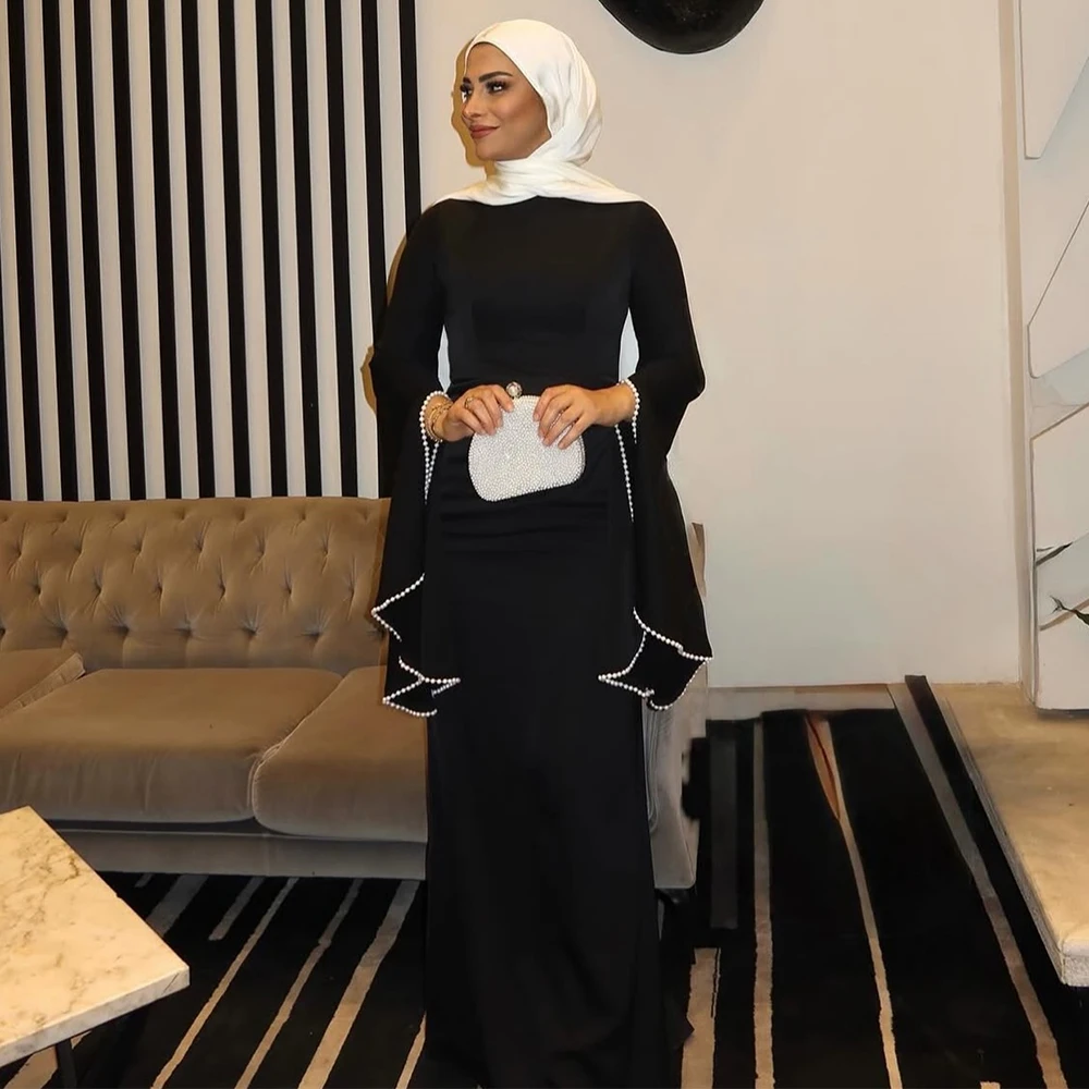 

Вечернее платье в Саудовской Аравии, черное вечернее платье длиной до пола, с длинными рукавами для женщин, 2025 г., элегантное вечернее платье с жемчугом и круглым вырезом