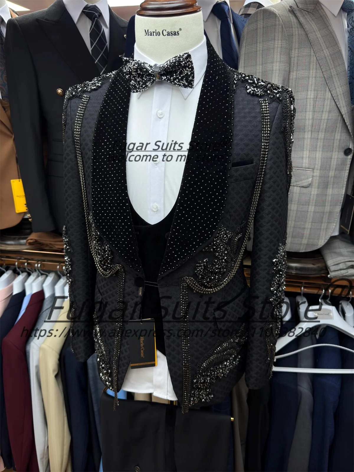 Luxuly Abiti da sposa per uomo Personalizzato Slim Fit Scialle Risvolto 3 pezzi Set Strass lucidi Blazer da ballo maschile Elegante Ropa Hombre