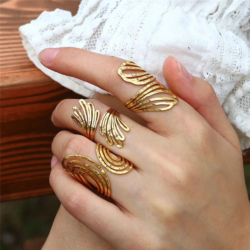 HUANZHI Gold Color Fashion Stainless Steel Multi-layer Hollow Line Ring for Women Girls Geometric Open Irregular Vintage Jewelry