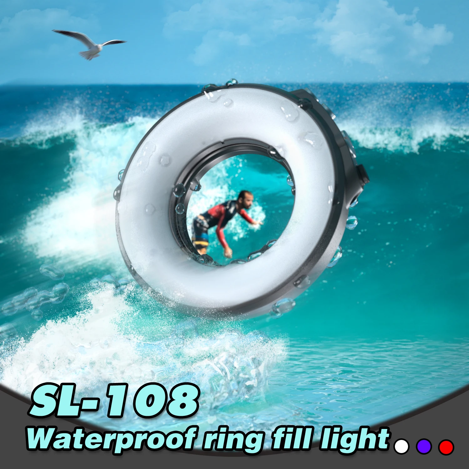 1000 lumens circular flash with UV red blue white light and fiber optic flashing function, 100 meter macro photography light