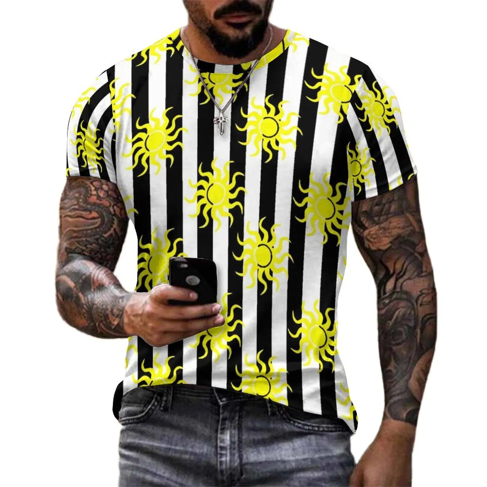 Man Black And White Stripes with Yellow Sun T-Shirt Retro T Shirts Short Sleeve Graphic Tshirt Cheap Summer Y2K Oversized Tees