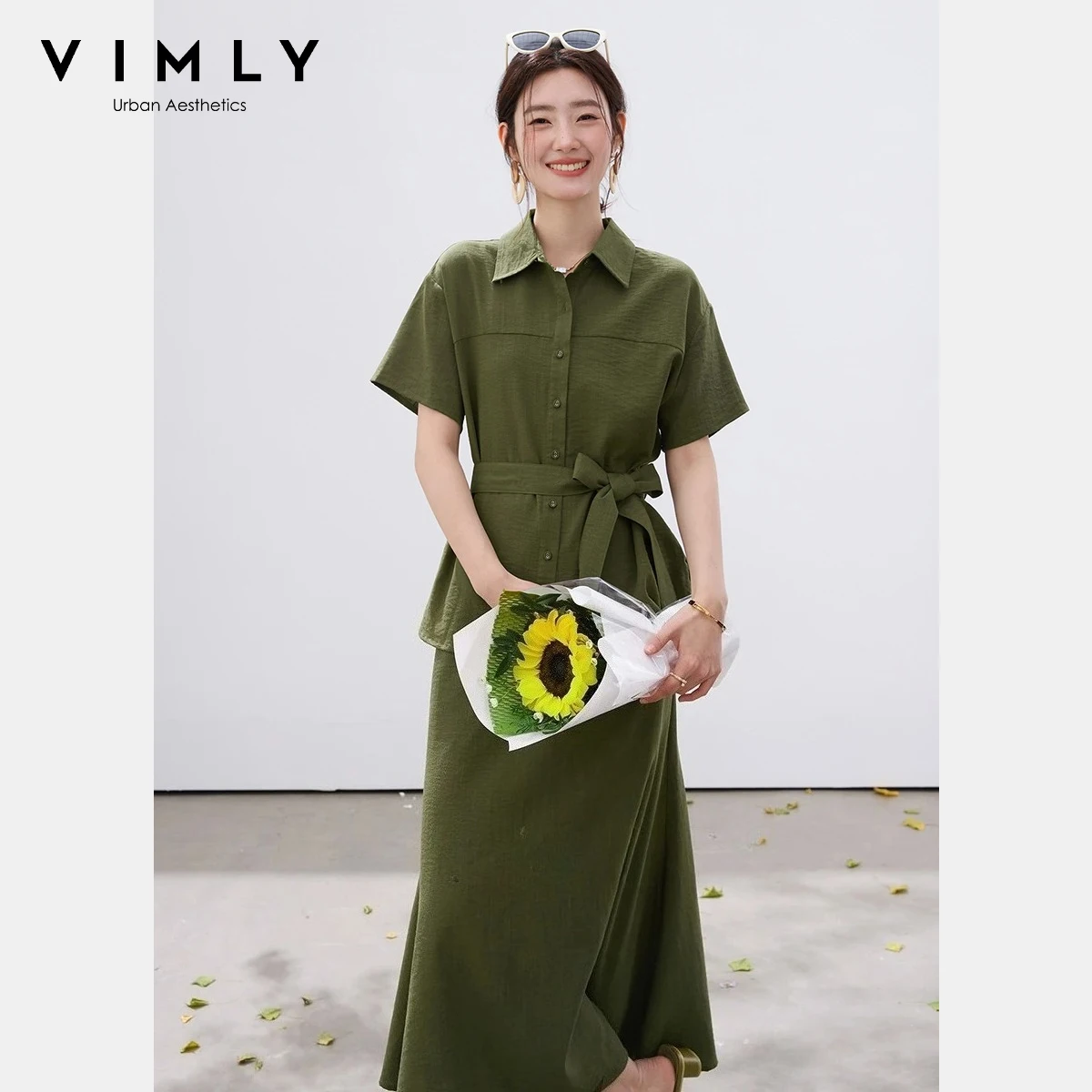 

VIMLY Women's Textured Office Shirt Skirt Set 2026 Summer New Detachable Belt Short Sleeve Blouse Midi Skirt Two-Piece 30862