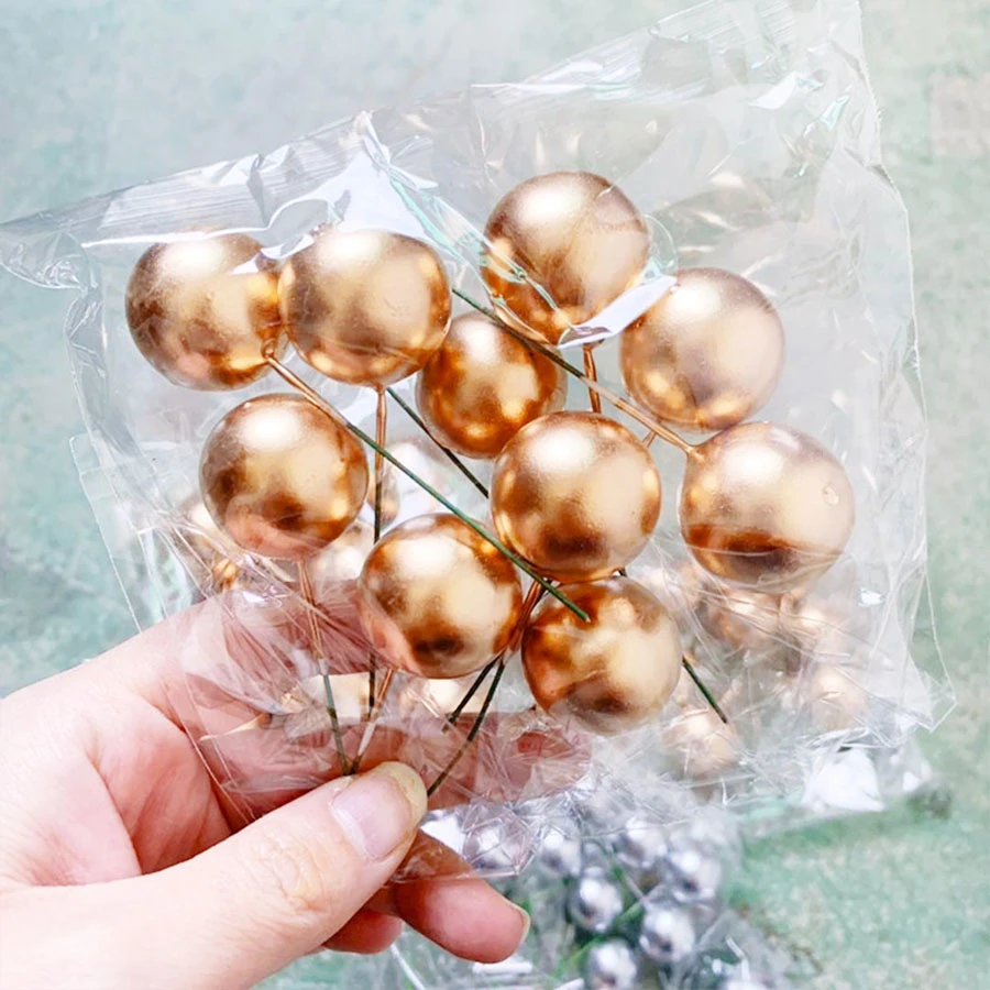 كعكة إدراج 3 سم كرة ذهبية كرة فضية، فاكهة رغوية، كرة صفراء وبيضاء وزرقاء ووردية، تزيين الكيك #4