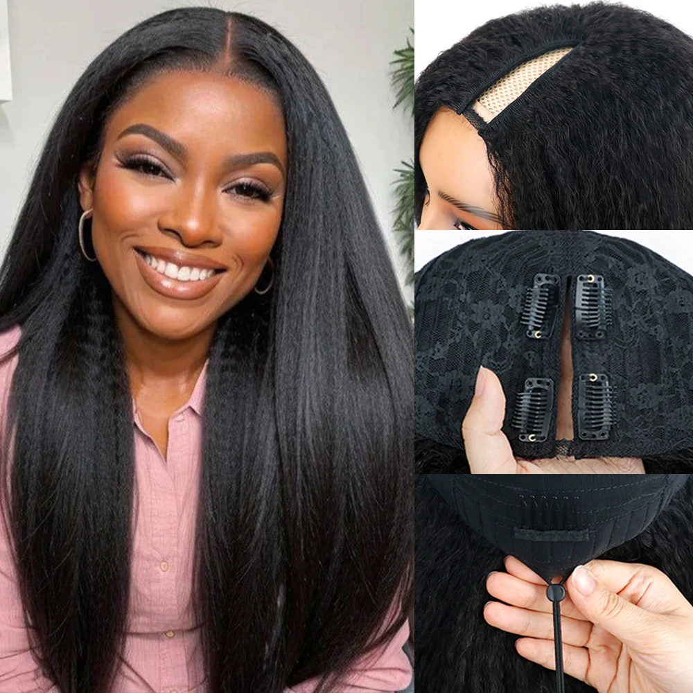 

V-образная часть 200% плотность Кудрявый прямой парик из 100% человеческих волос 16-32 дюймов для женщин со шнурком без остатков, без пришивания париков