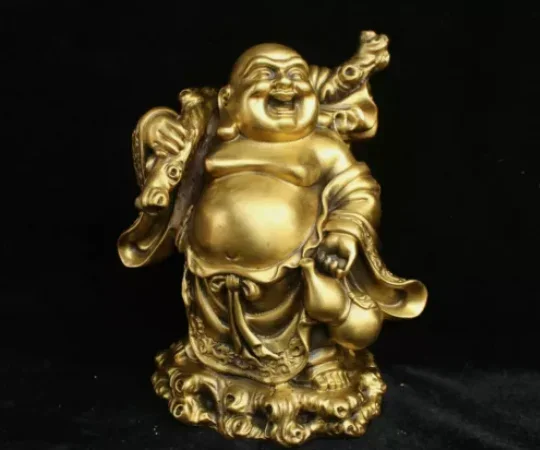 

China Buddhism Bronze Brass Money bag Gourd Happy Laugh Maitreya Buddha Statue