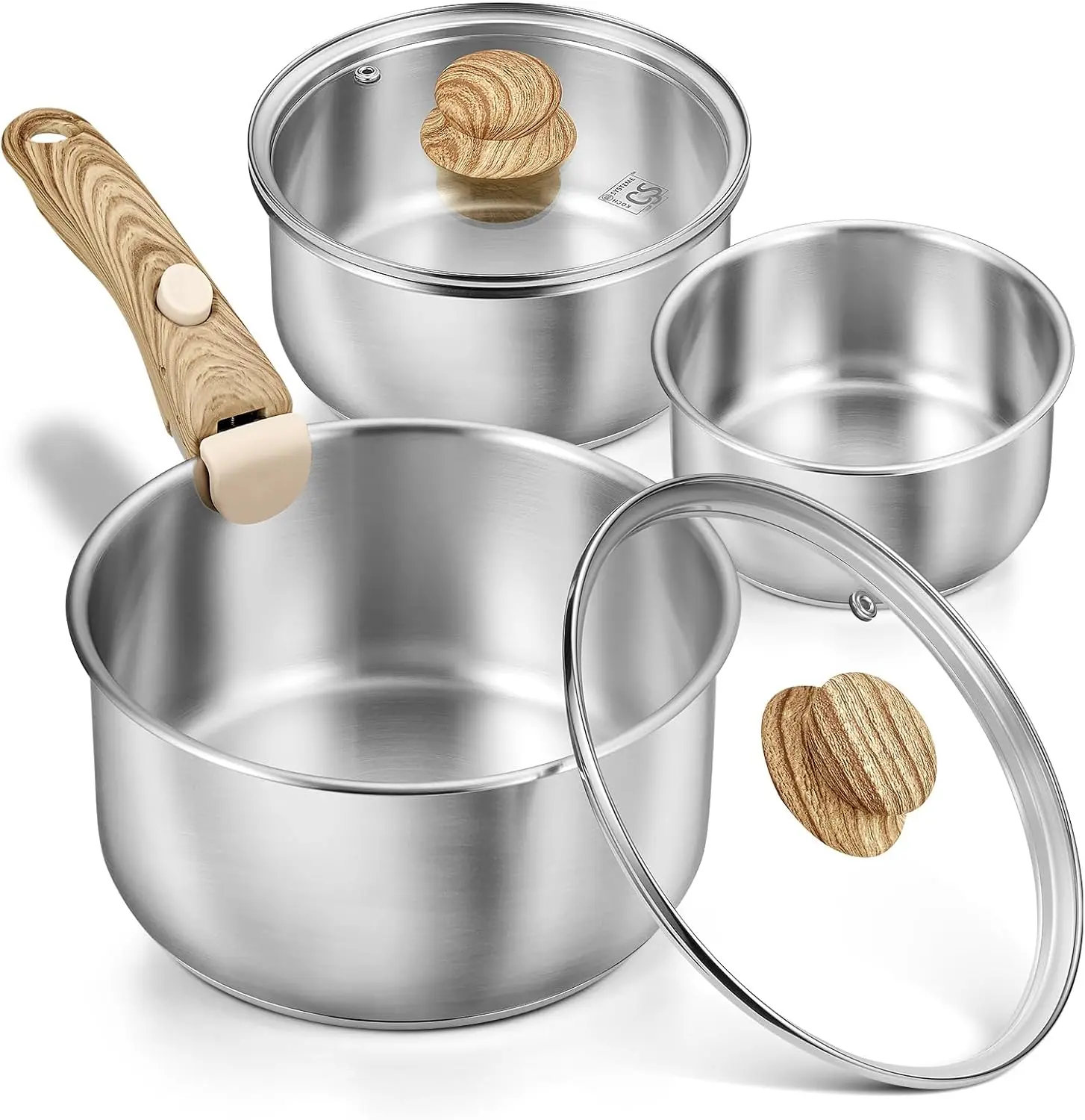 KOCH SYSTEME CS Tri-Ply 18/10 Stainless Steel Saucepan Set with Aluminum Core, Heat Resistant & Removable Handle