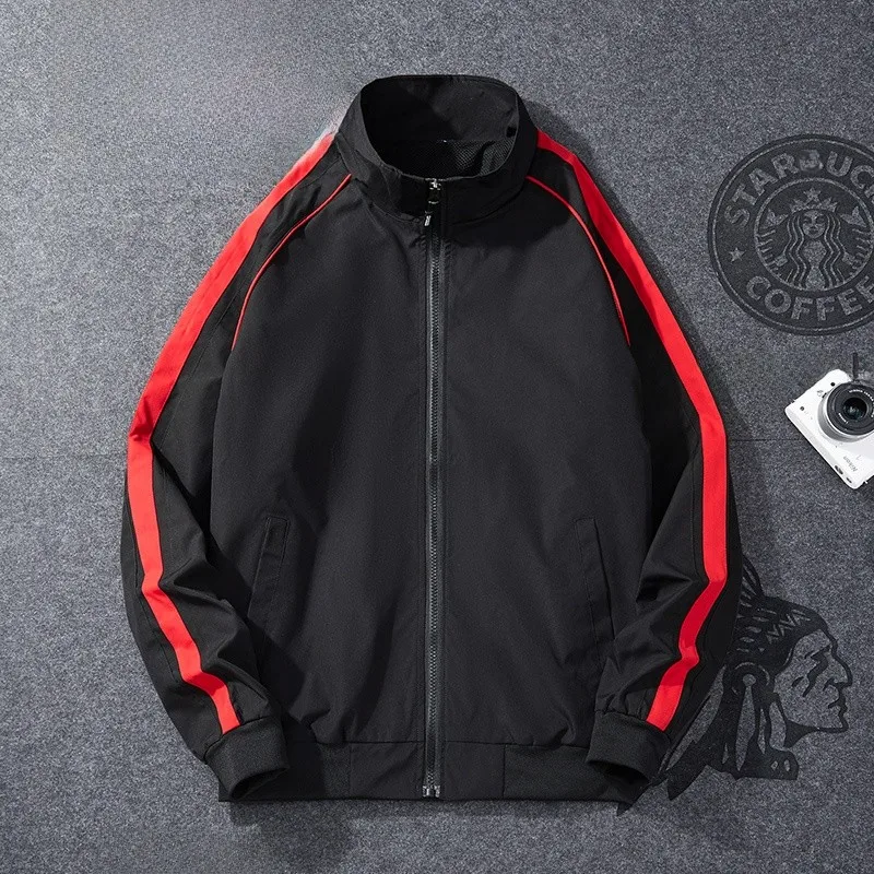 

Весна 2026: Мужская повседневная свободная куртка-футболка в полоску для пар, спортивная верхняя одежда с воротником-стойкой, полиэстер, молодежный тренд