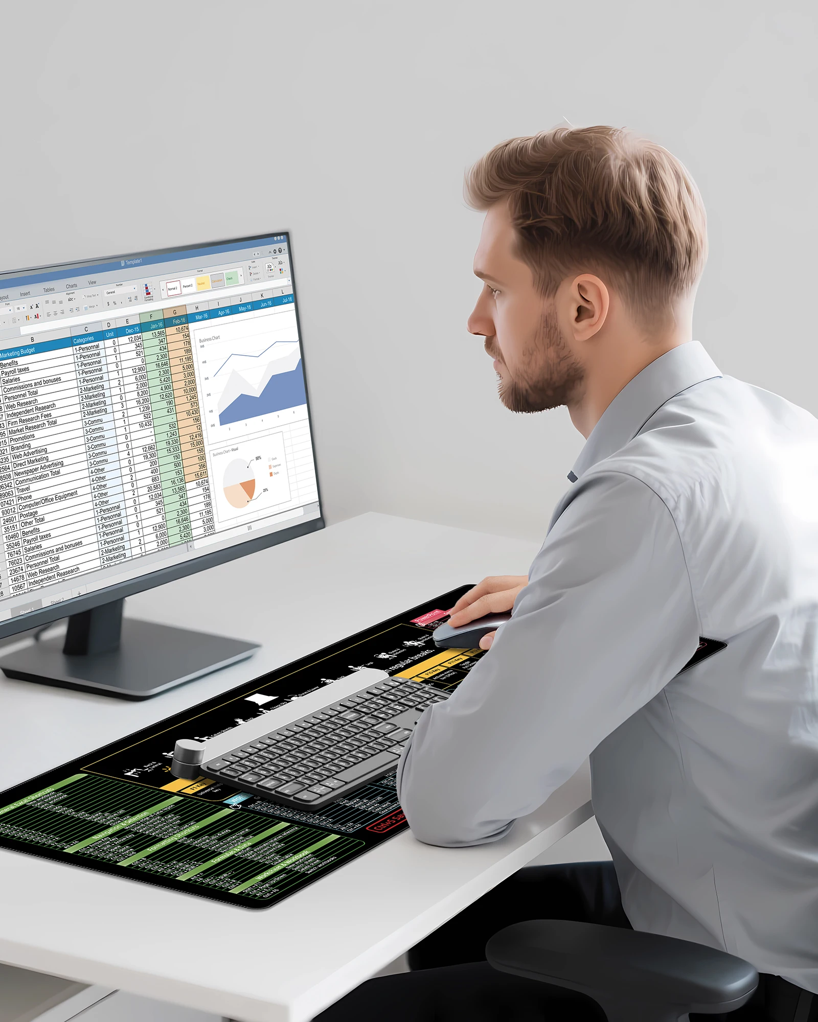 لوحة ماوس اختصارات المكتب، لوحة مكتب كبيرة ممتدة للوحة المفاتيح لألعاب Excel Word Power Point، حصيرة مكتبية بحافة مخيطة