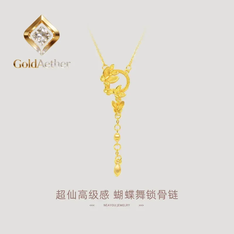 

GoldAether 9999 24K real gold niche super fairy high-end flower wreath collarbone chain fashionable butterfly tassel women's nec