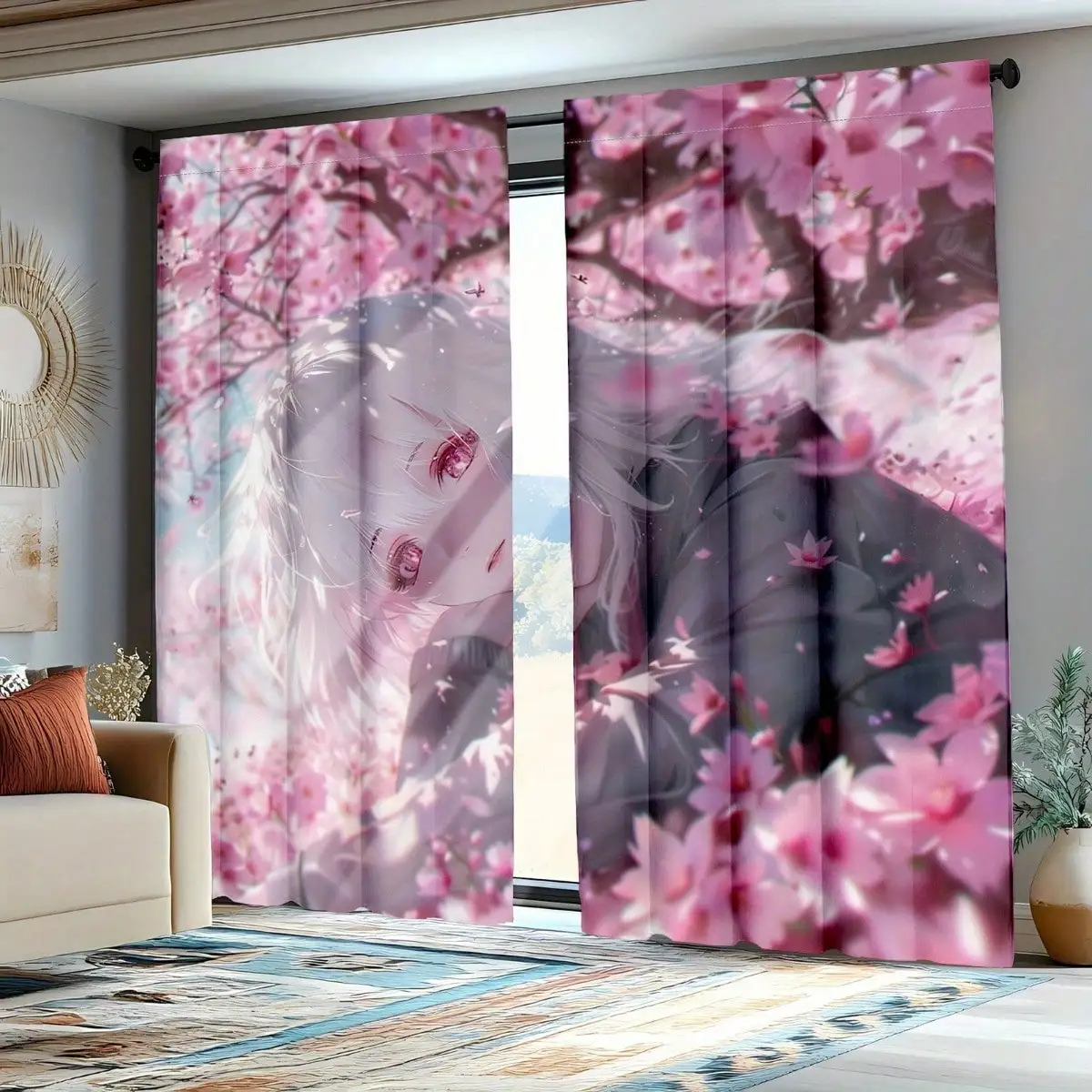 2pcs Anime-Inspired Cherry Blossom Room Curtains - Semi-Transparent Polyester, Washable & Machine Washable,  Perfect For Bedroom