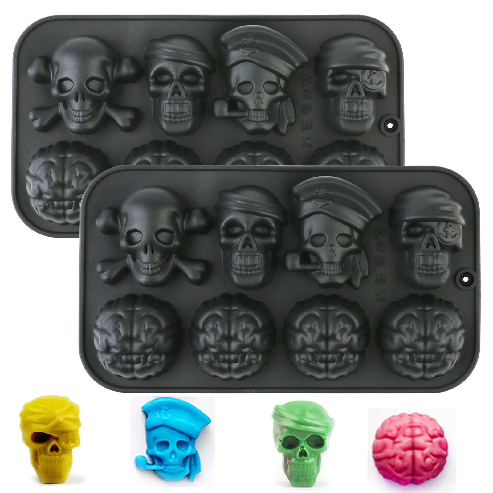 Creative Black Skull-Shaped Silicone Ice Mold, Featuring Two Types of Shapes: Skull and Brain, Made of Food-Grade Silicone, Non-Stick and Easy to Demold, Can Be Used to Make Cocktail Ice Cubes, Chocolate, Candy, Dessert Decorations, Etc., Halloween Themed, Party Ice Cube Tools, Ice Making Tools for Beginners, Summer Ice Cube Making