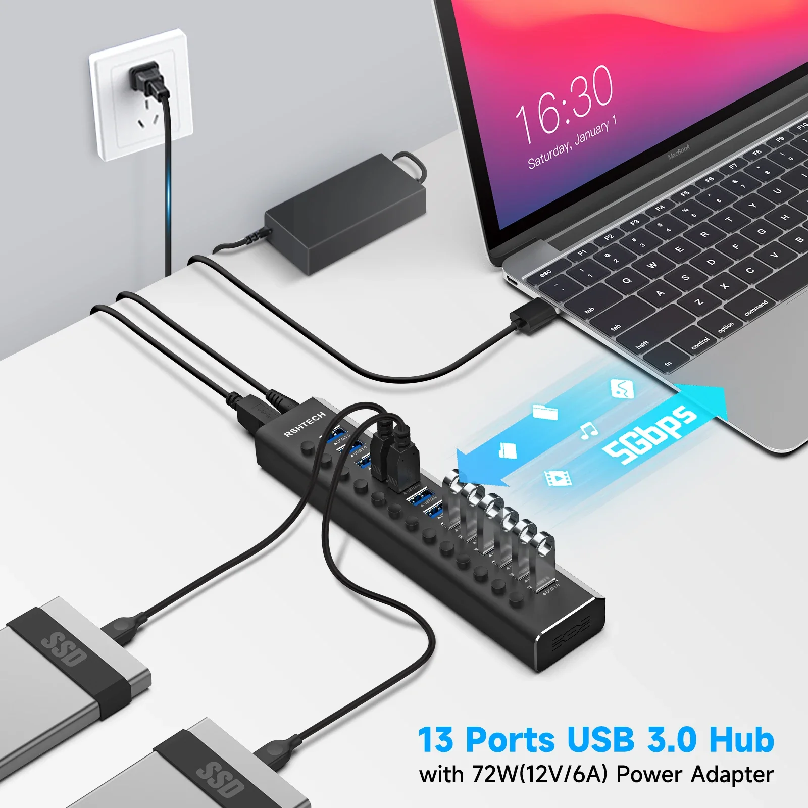 USB Hub Aluminum 13/16 Port USB 3.0 Splitter 5Gbps Data Transfer with Individual On/Off Switches for PC Laptop