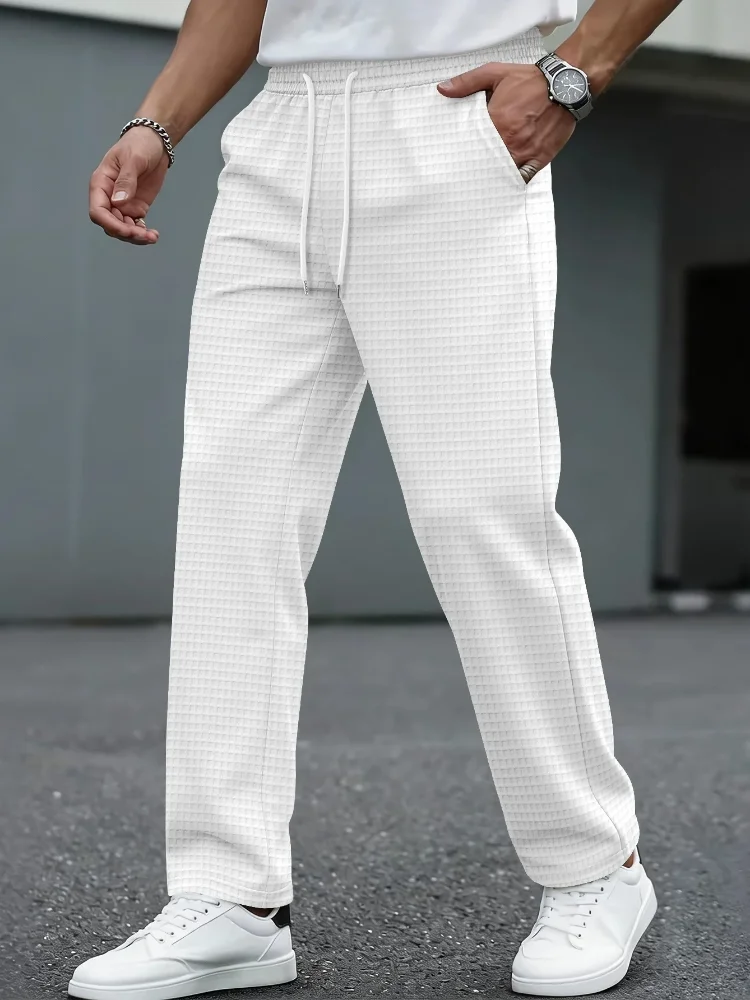 Herren Neue Weit Karierte Freizeithose mit Kordelzug - Leichte, Atmungsaktive, Einfarbige, Bequeme Hose mit Geradem Bein