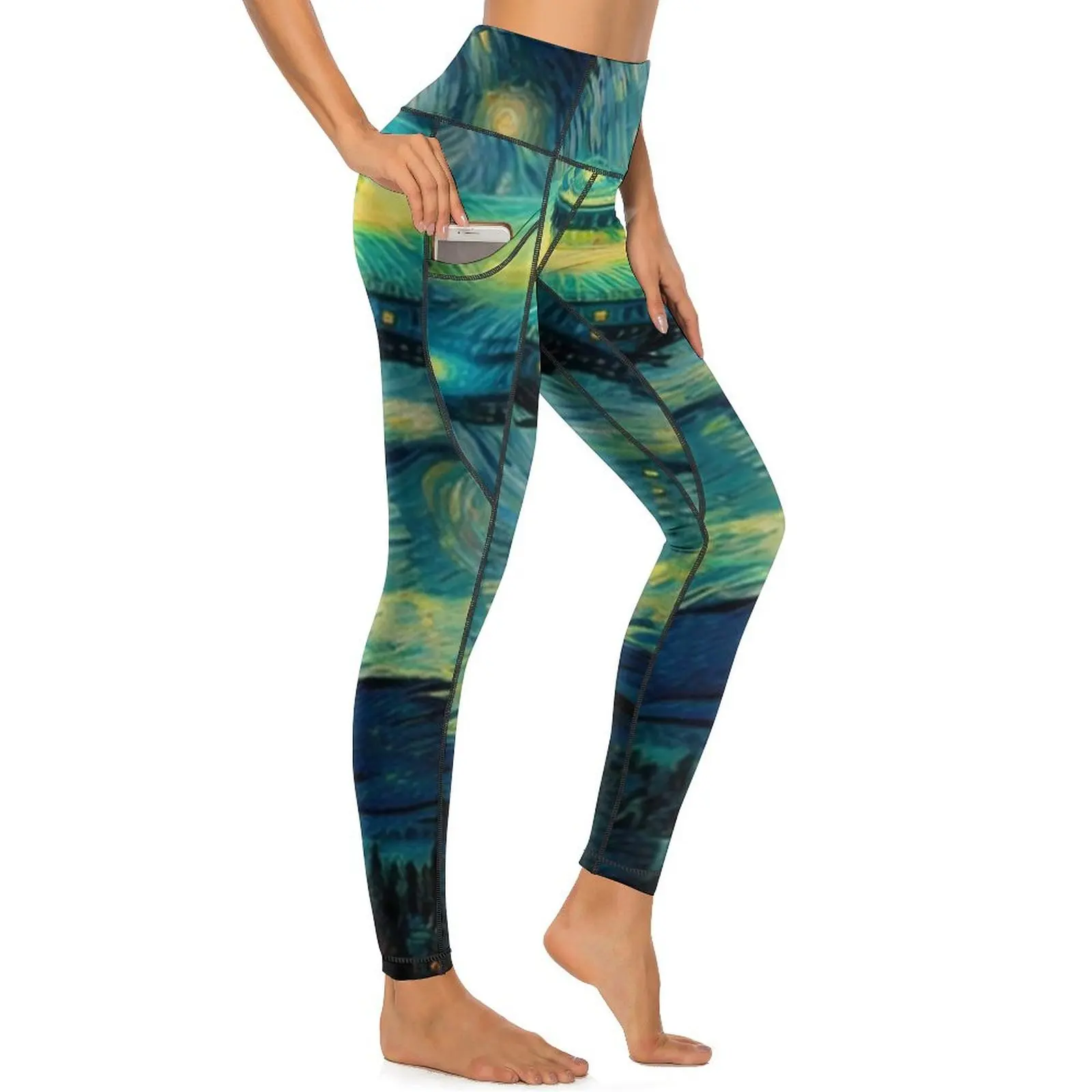 Pantalon de yoga imprimé nuit étoilée avec poches, leggings de sport, taille haute, sexy, mignon, élastique, fitness, Vincent Van Gogh