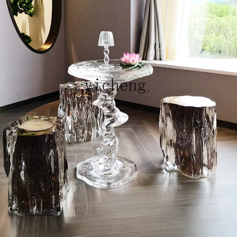 

solid wood pier log weathered tree stump transparent resin villa courtyard tea room table stool