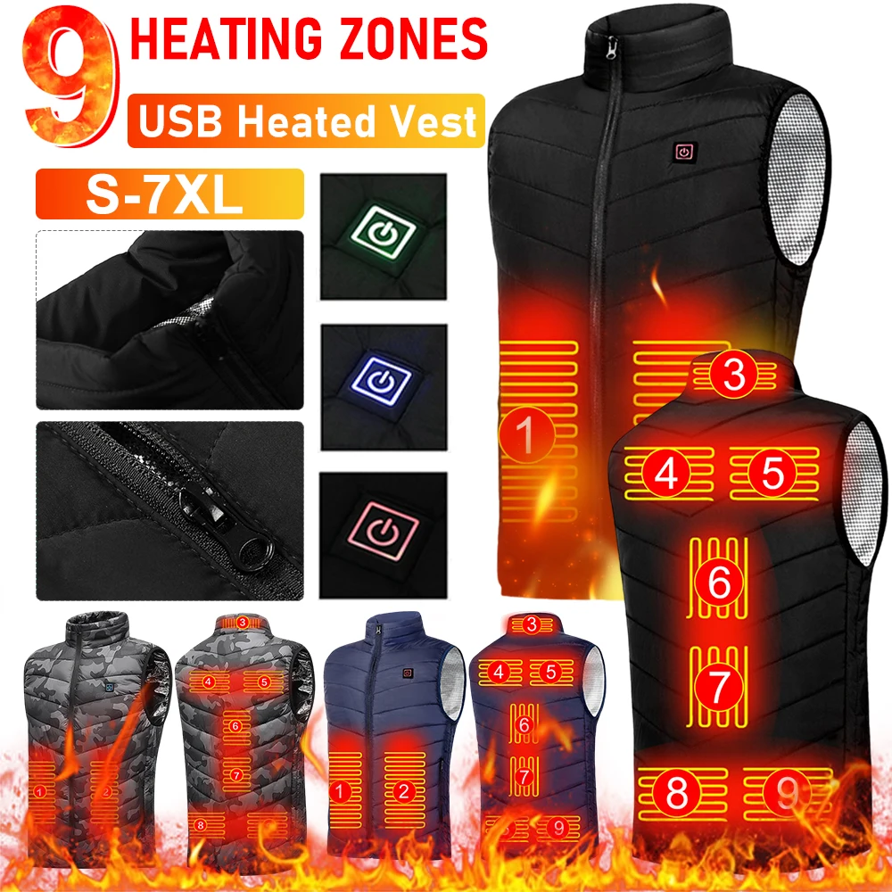 

Осенне-зимний жилет с электрическим подогревом, USB-куртка с подогревом, 9-зонное пальто с подогревом, графеновое тепловое пальто для кемпинга на открытом воздухе (без источника питания)