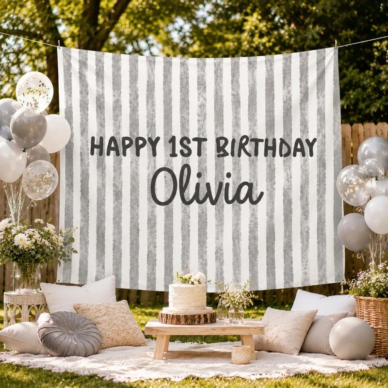 1pc Custom Happy 1st Birthday Olivia Backdrop Gray White Stripe Personalized Birthday Party Banner Tapestry