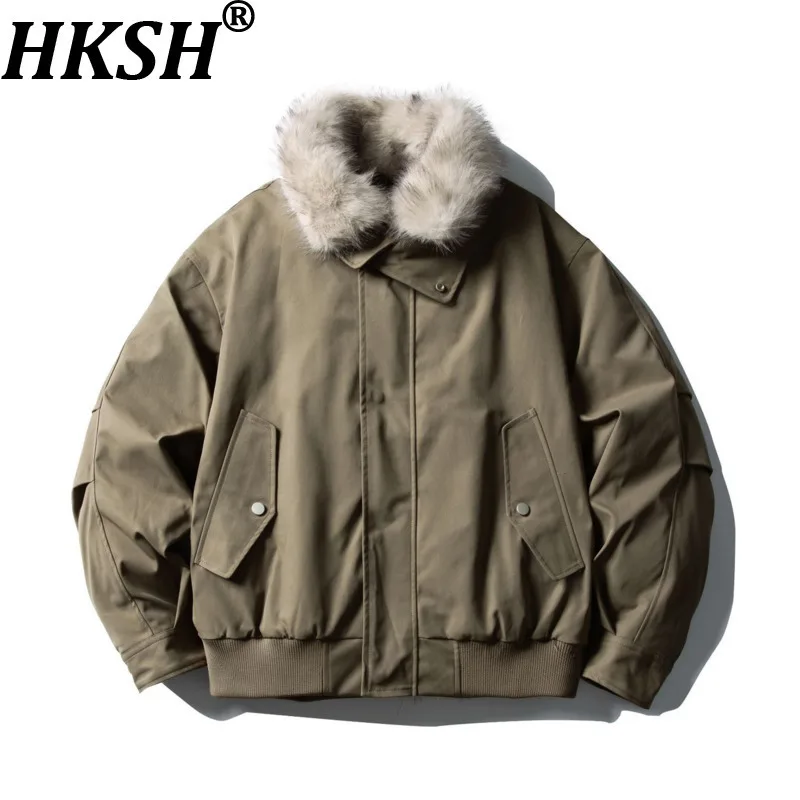 

HKSH 2025 Winter New Women's Puffer Jackets Stand Collar Patchwork Faux Fur Zipper Pockets American Retro Warm Down Coat HK15345