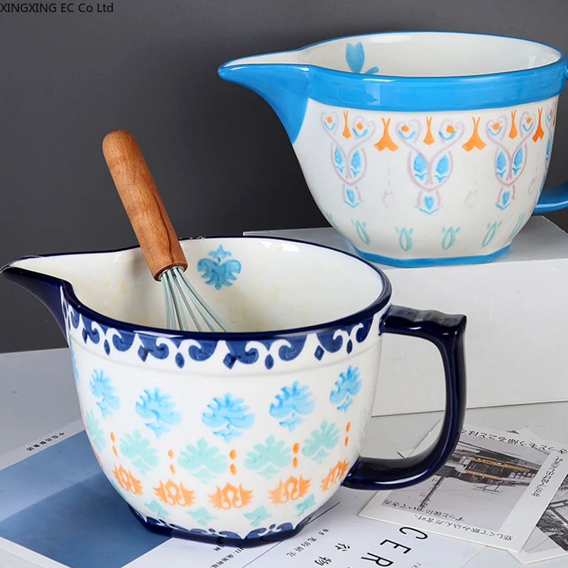 Household Handle Bowl, Ceramic Salad Mixing Bowl, 2000ml Large Capacity Egg Bowl, Kitchen Supplies, ramen，Baking Utensils
