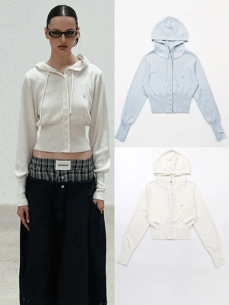 

American Sle White Hooded Knitted Sweater Spicy Girl Casual Retro ort Length Long Sve Open Cardigan Sweater Coat for W...