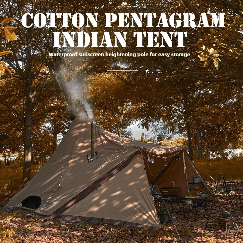 Outdoor Camping Tent Cotton Pentagonal Indian Pyramid Tent 4-6 People Shade Camping Base Weatherproof  Steel Support Rod