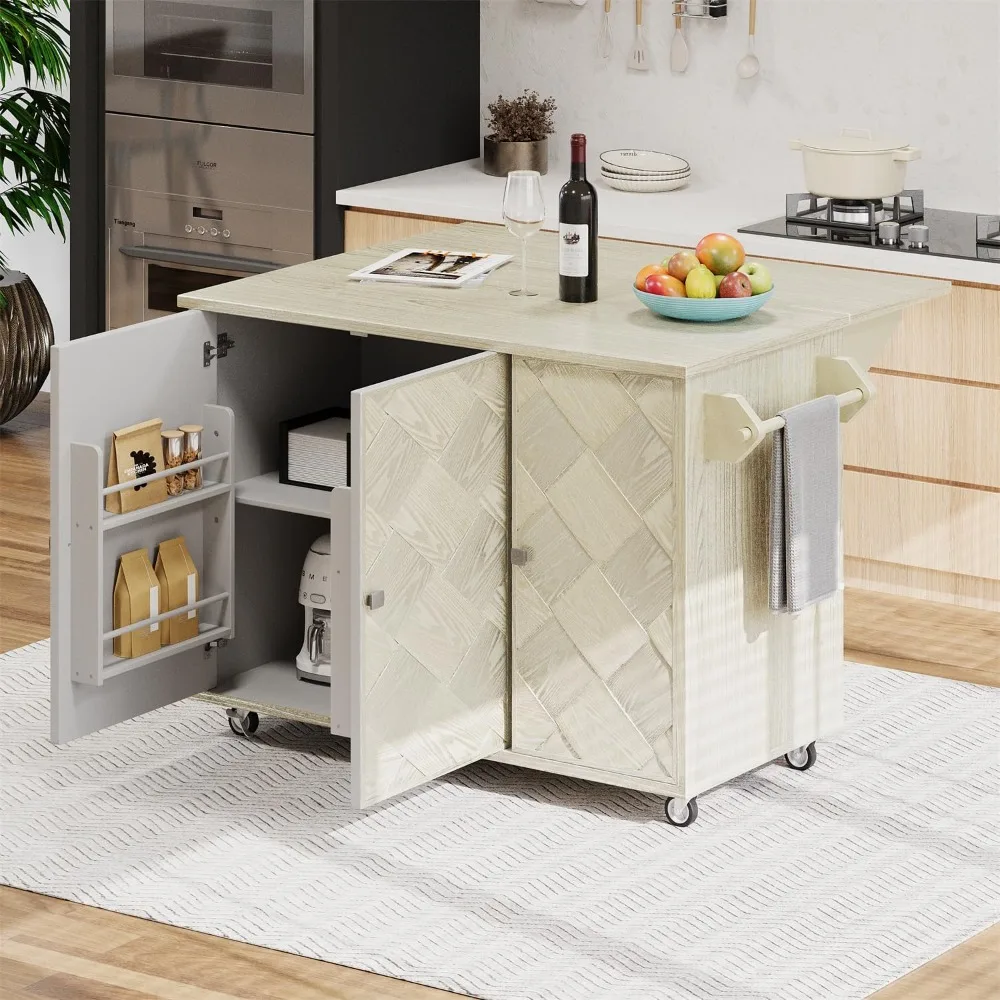 

Rolling Kitchen Island with Drop Leaf, 3 Doors Cabinet, Storage Rack and Towel Bar, Coastal Kitchen Island on Wheels