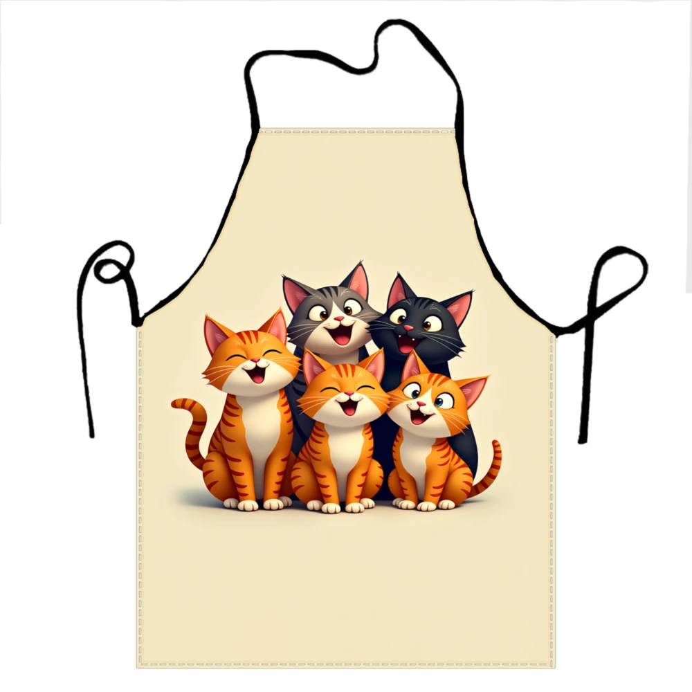 1Pc Cute Cat Family Apron Beige Cartoon Cats Kittens Print Kitchen Cooking Baking Apron Home Party Cooking Waterproof Apron