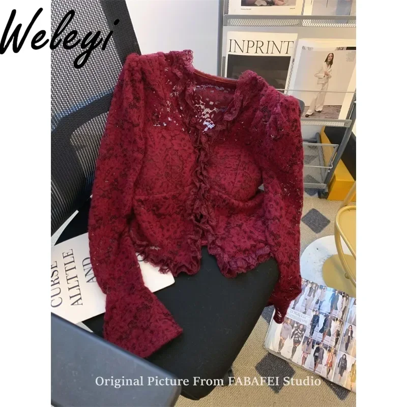 

France Ankela Red Crochet Hollow V-neck Lace Shirt Spring Sexy Women Long Flare Sleeve Bottoming Shirts with Chest Pad Small Top