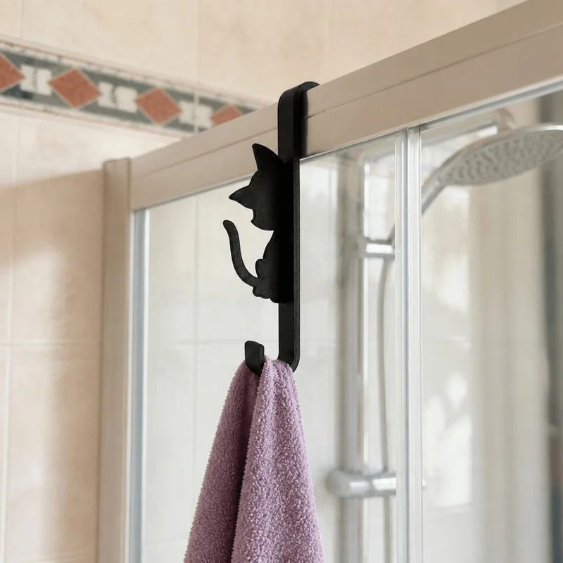 1Pcs Cute Cat Hook, No Drill Clamp On Towel Hanger, Shower Door Hook, Creative Bathroom Storage Rack, Gift For Cat Lovers