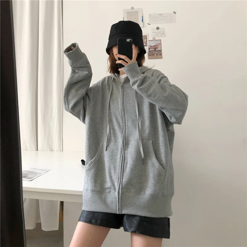 Loose Brick Red Black Gray Hoodies Female Zip-up Tracksuit Autumn Harajuku Cool Street Fashion Women\'s Sweatshirt M-XXL