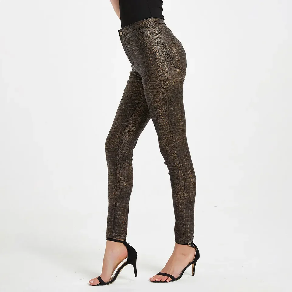 Trendy Ankle Length Fall Trousers For Women Fashion Tight Height Waist Pu Coated Pants Sexy Little Feet Print Pants Women 가을옷