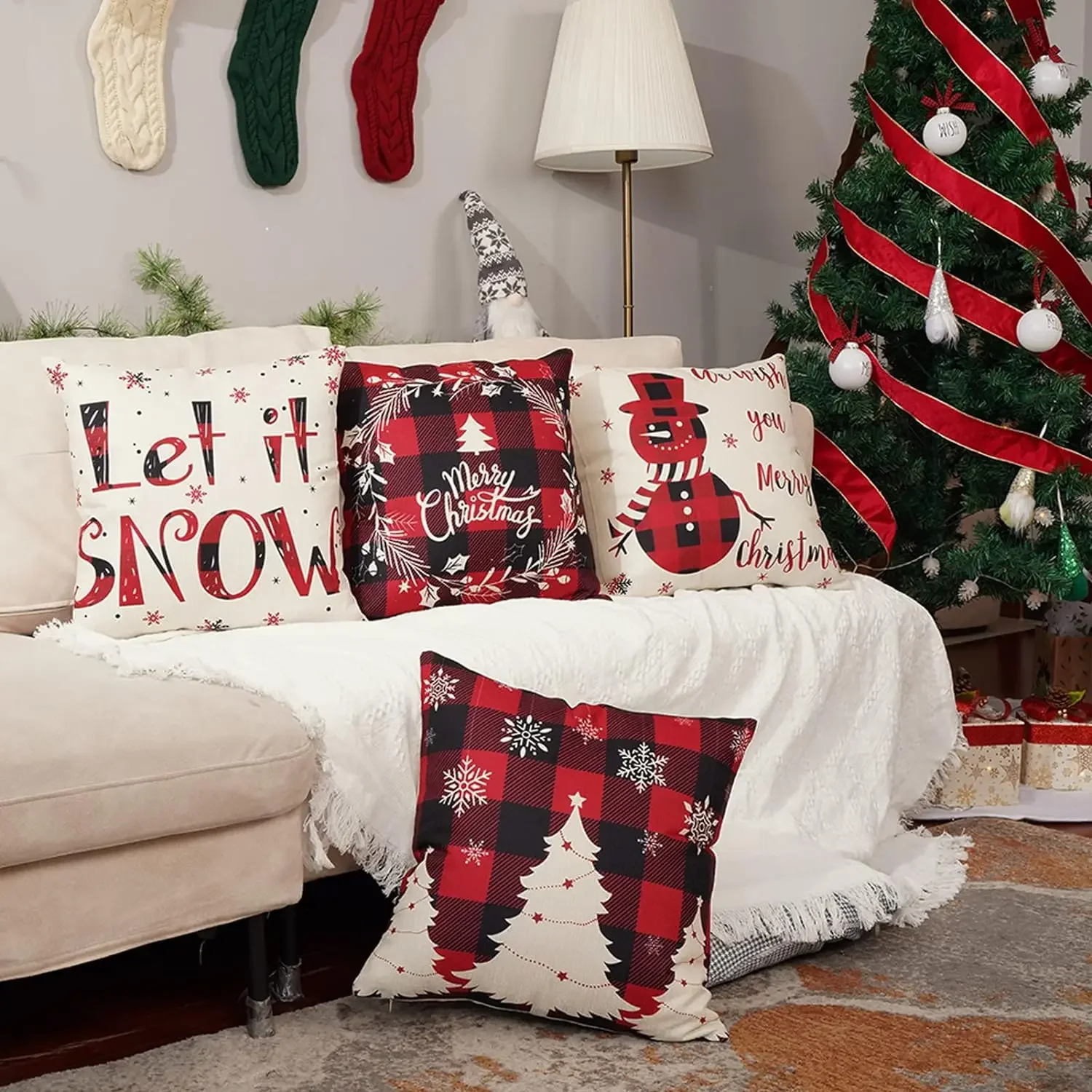 Set of 4 Christmas Throw Pillows Covers Pillowcases Buffalo Plaid Printed with Snowman Garland Christmas Tree Cushion Cover