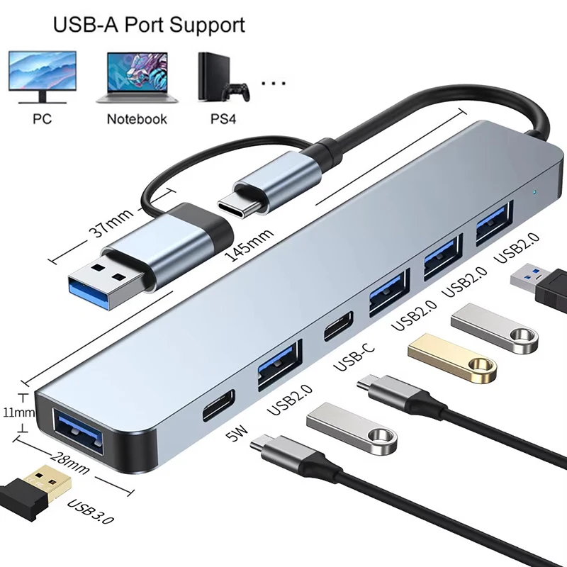 7 Ports USB 3.0 Typ C Hub 7-in-1 Konzentrator Dockingstation U Disk Kartenleser PD Schnellladung für MacBook Laptop PC Computer